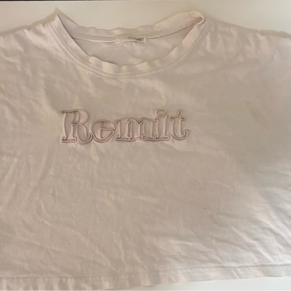 White Cropped T-Shirt with Embroidered Text